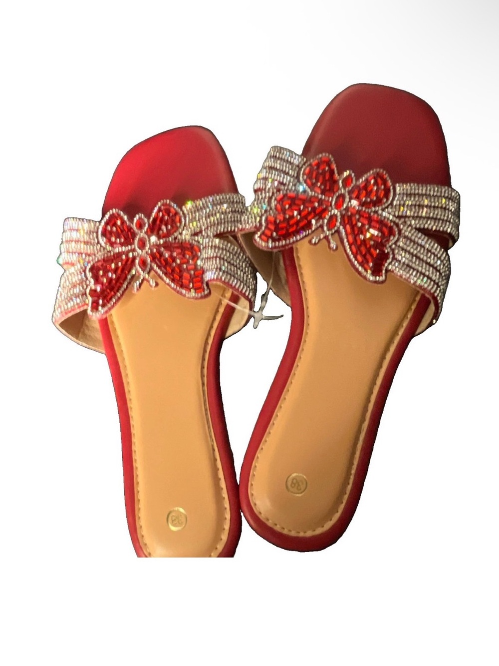 Red Beaded Butterfly Slide Sandals by